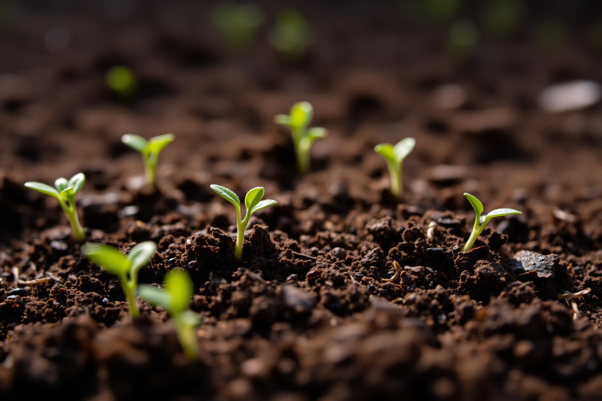 Rich dark soil with young hemp sprouts emerging
